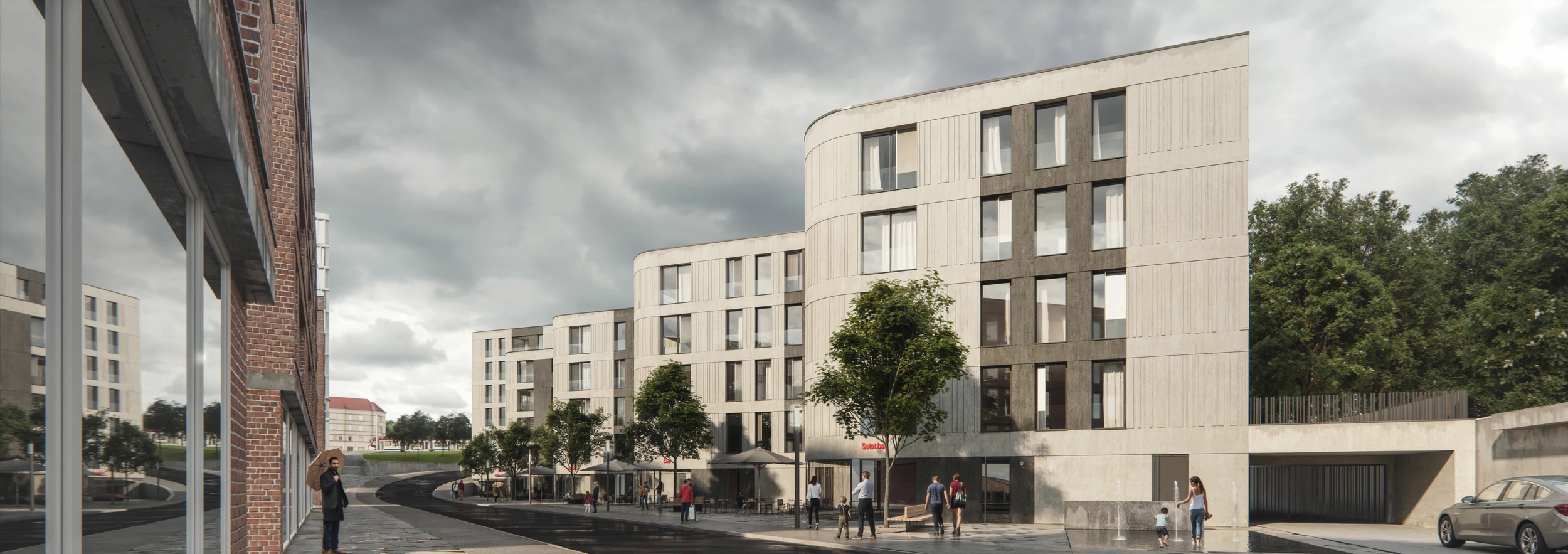 Straßenansicht Brühl Süd Wohnanlage mit modernen Betonfassaden