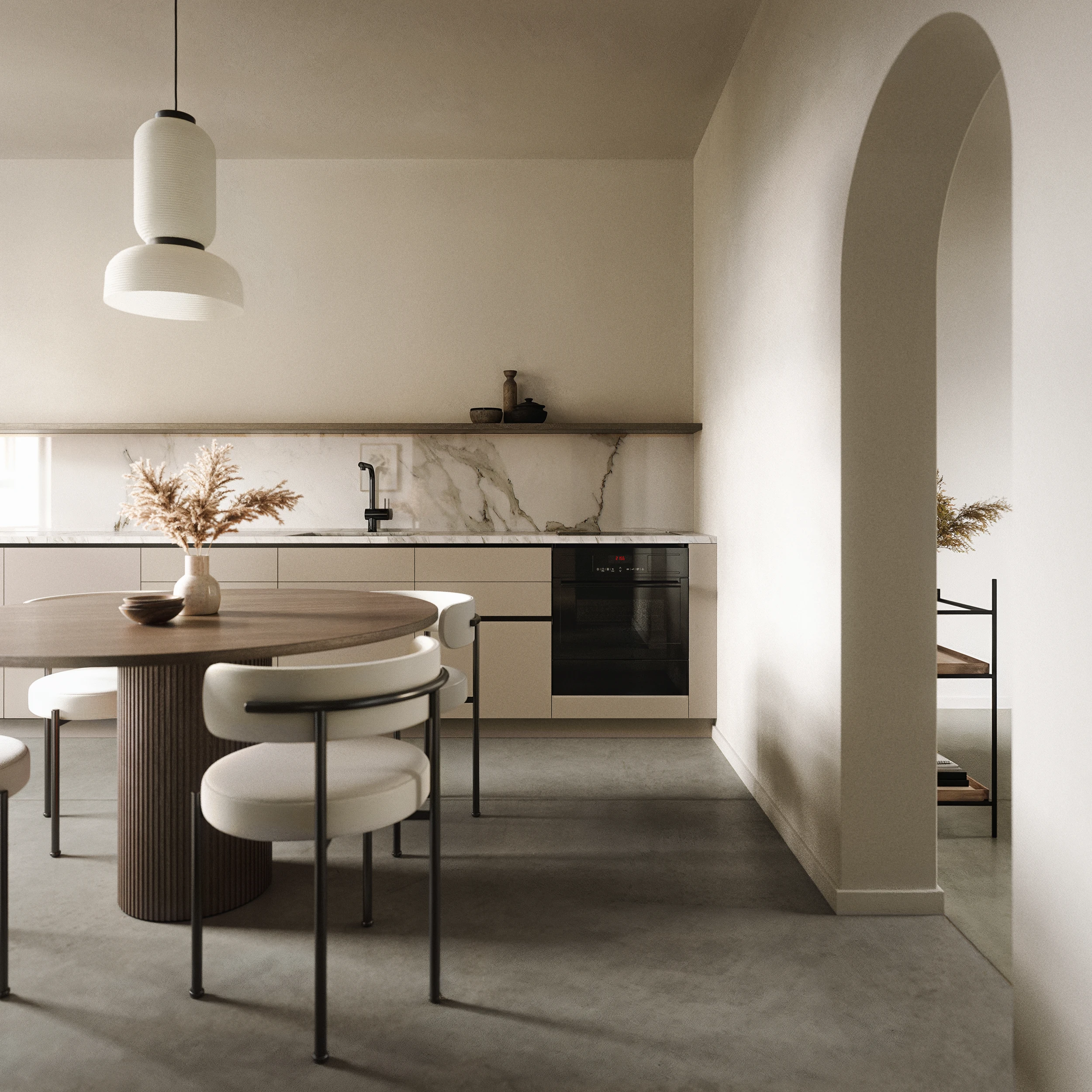 Minal minimalistisches Wohn-Küchen-Interieur - Ansicht 2