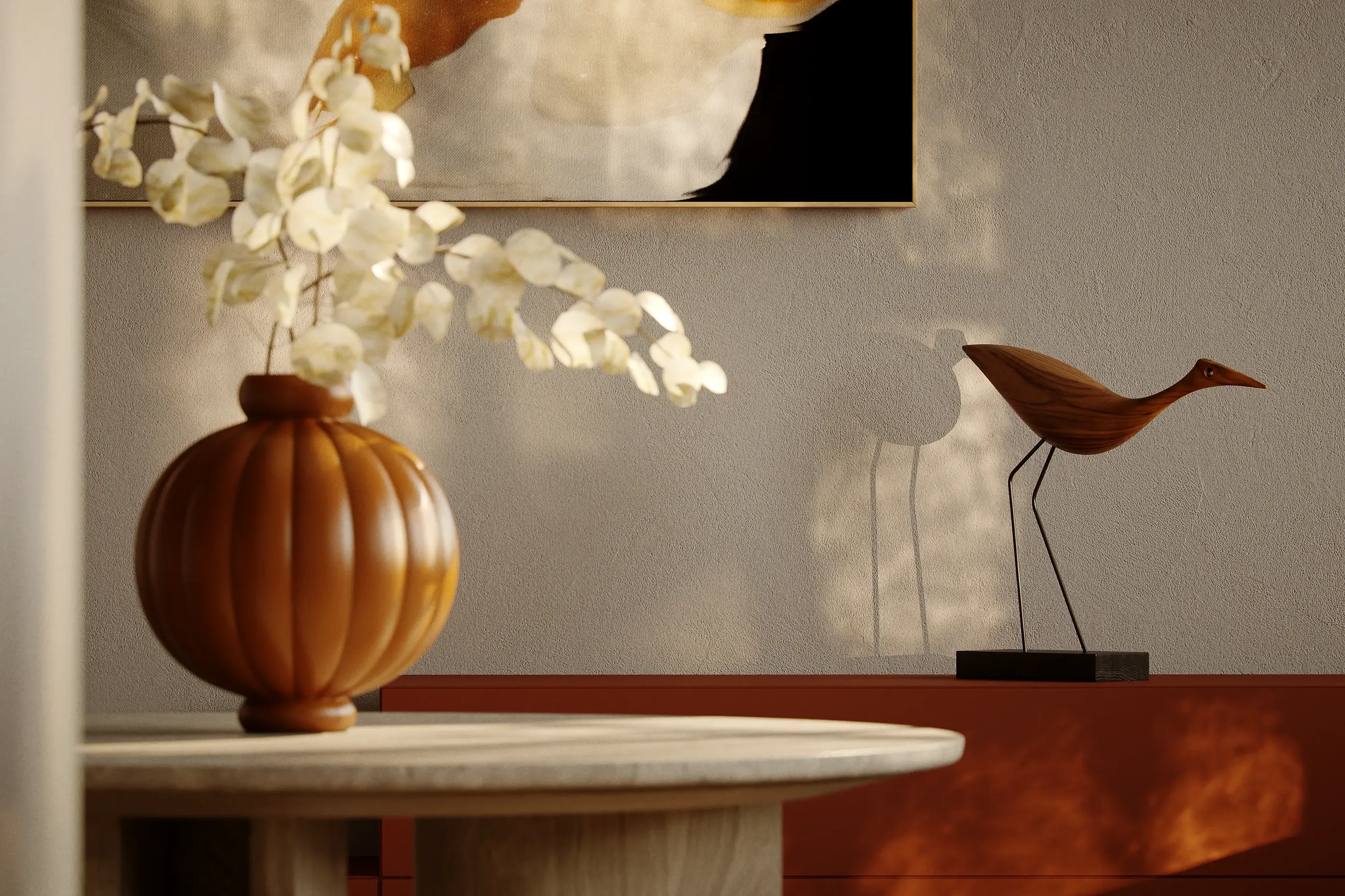 Fotorealistisches Interior-Rendering eines minimalistischen Arbeitszimmers mit Schreibtisch, gelbem Polstersessel und orientalischem Teppich bei tief stehender Wintersonne.