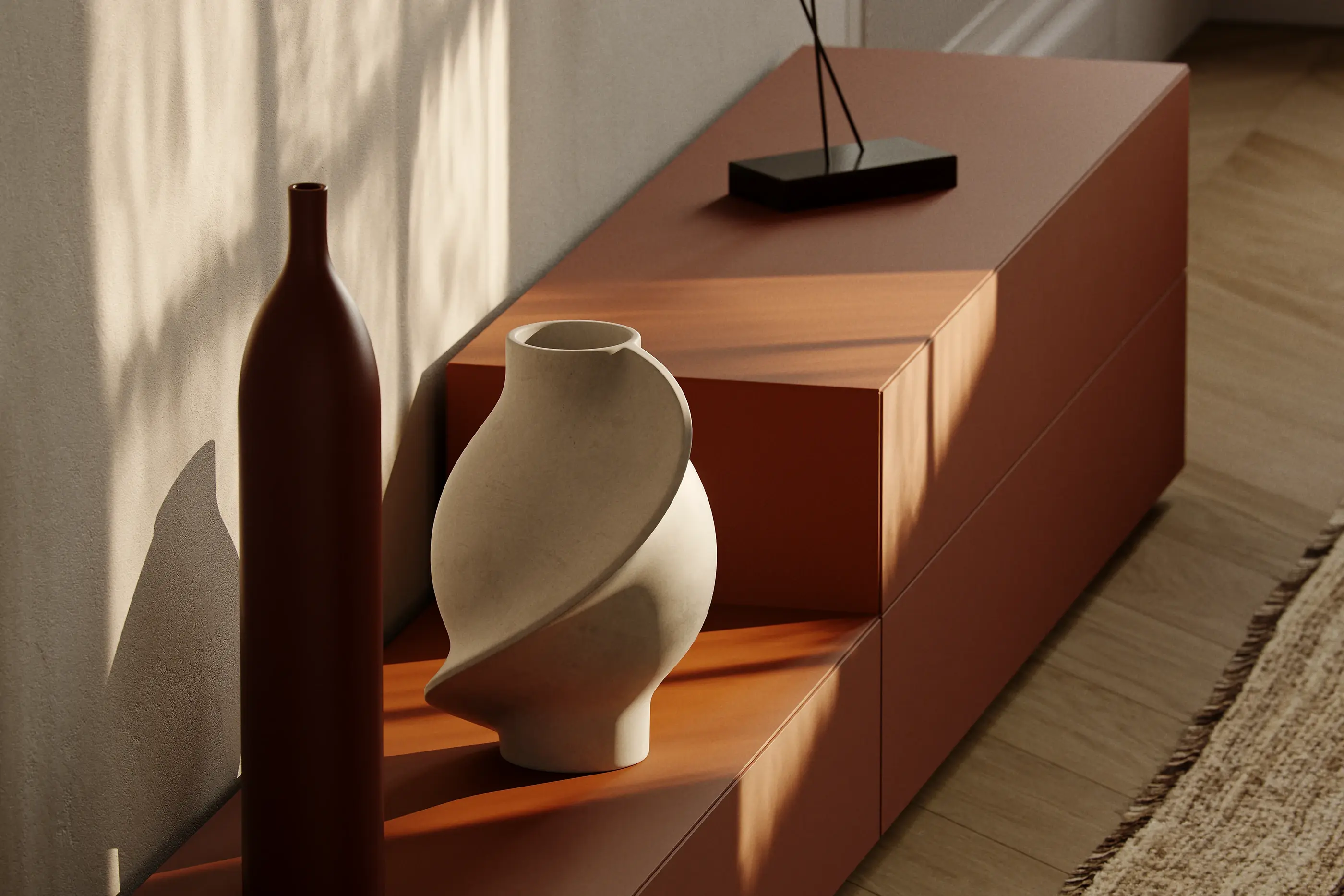 Fotorealistisches Interior-Rendering eines minimalistischen Arbeitszimmers mit Schreibtisch, gelbem Polstersessel und orientalischem Teppich bei tief stehender Wintersonne.