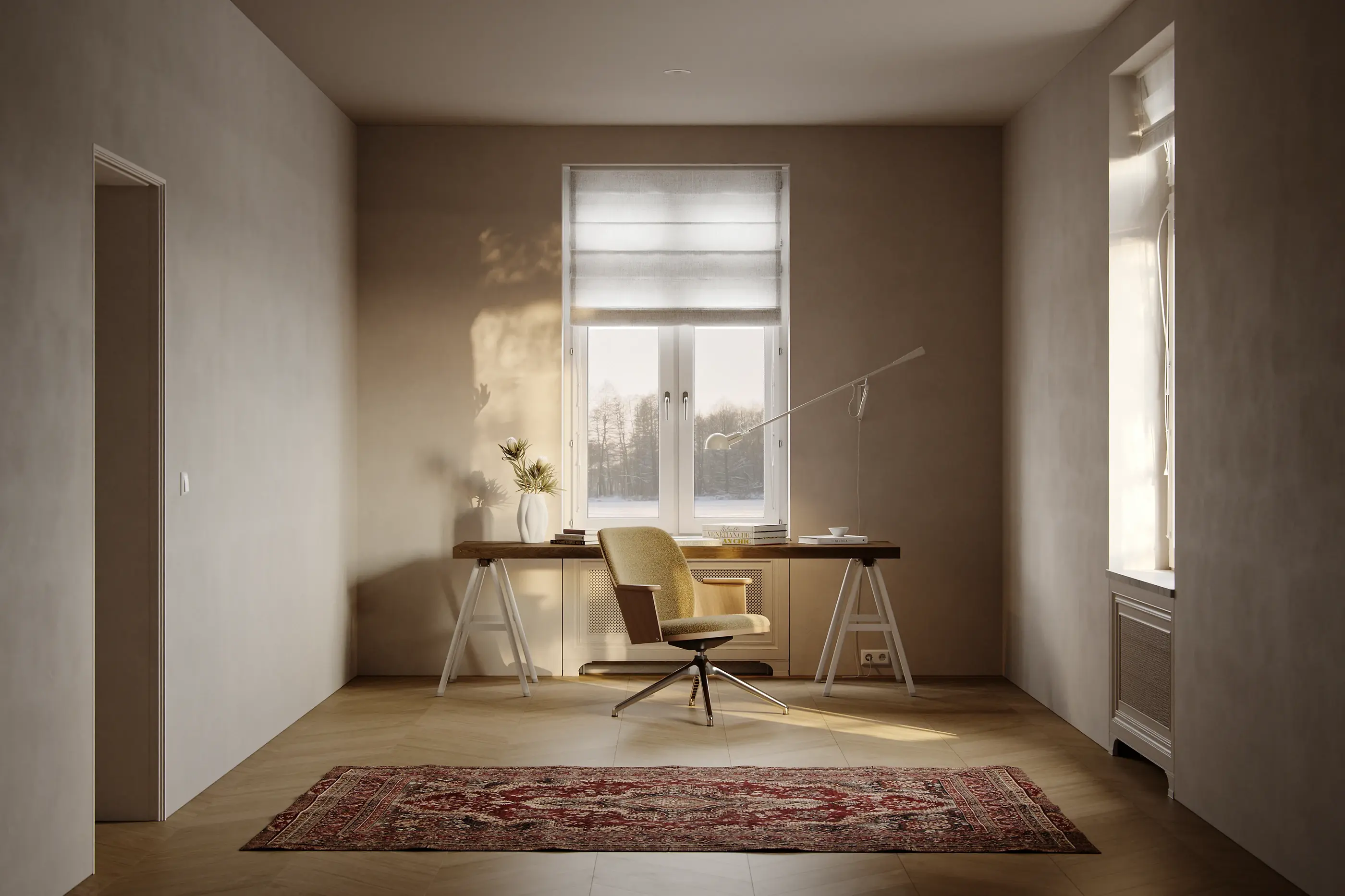 Fotorealistisches Interior-Rendering eines minimalistischen Arbeitszimmers bei tief stehender Wintersonne mit Schreibtisch, Designerstuhl und Orientteppich.